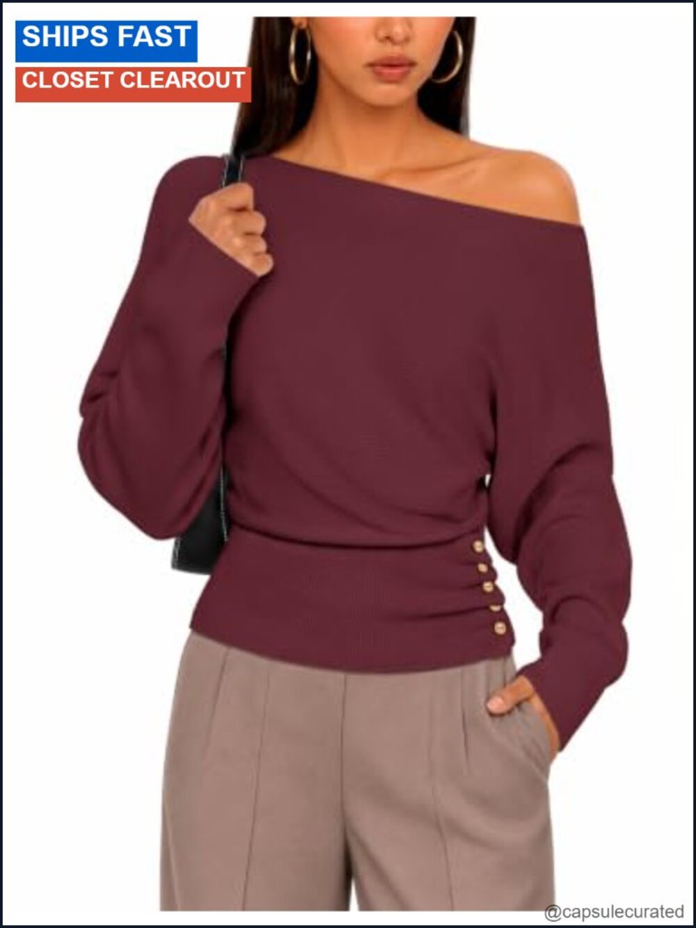 Off Shoulder Batwing Sleeve Pullover Sweater with Gold Button Detail